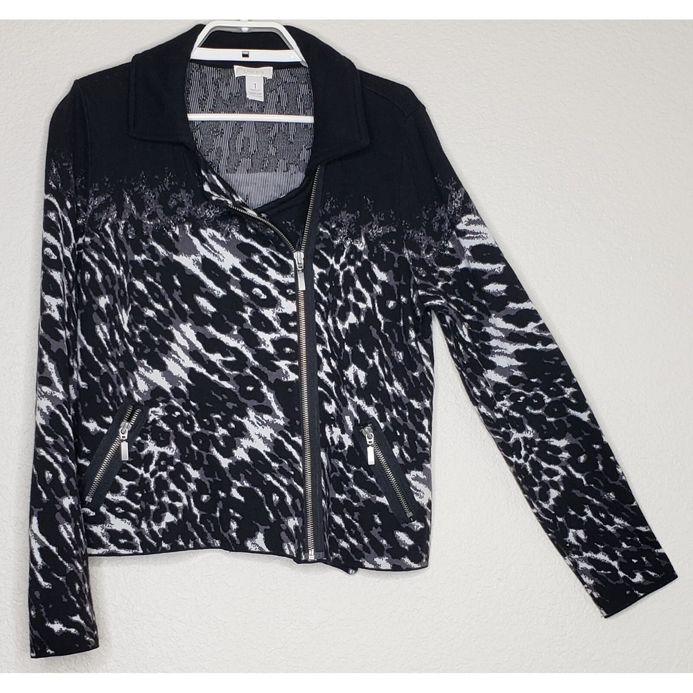 Chico's Sweater Jacket Size 1 Black Animal Print Full Side Zip Pockets Collared